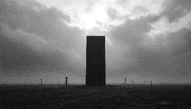 Eine weite Ebene unter dichtem Wolkenhimmel; in der Mitte steht ein hoher dunkler Monolith, um ihn herum auf Abstand ein Ring aus Vermessungsstativen und Markierungen.